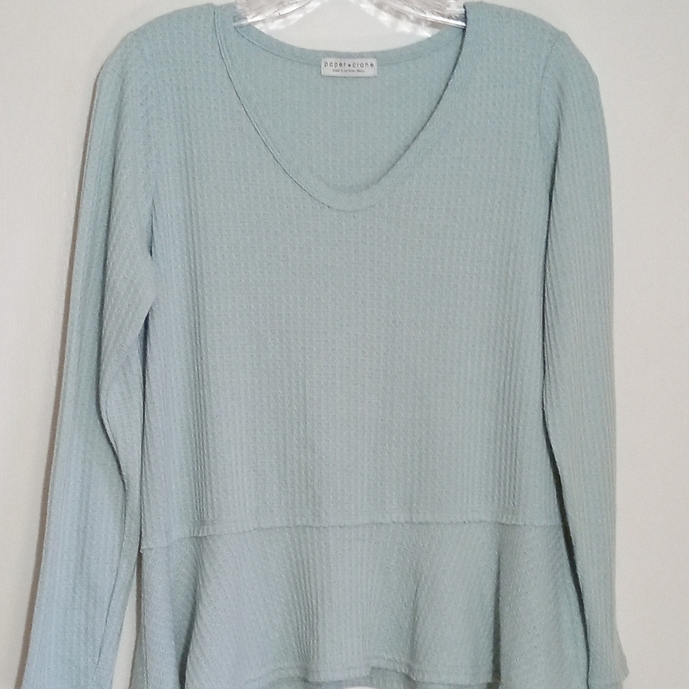 Paper Crane seafoam green knitted vneck thermal peplum long sleeve top